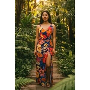Boho Tropical Surplice Wrap Dress  Bold Floral Summer Vacation Maxi Open Front L